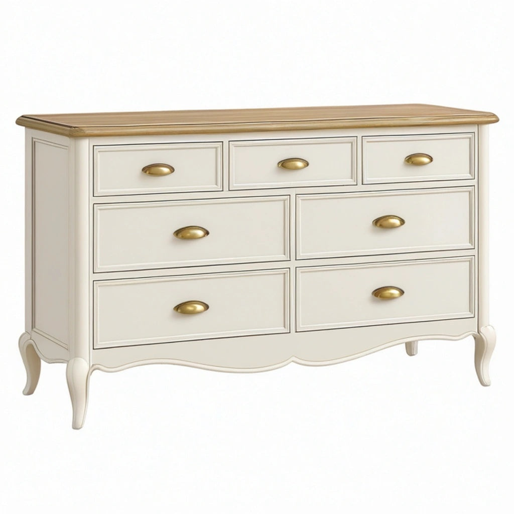 Komoda 140 x 45 x 85 cm kremowa z drewnianym blatem - 7 szuflad styl klasyczny