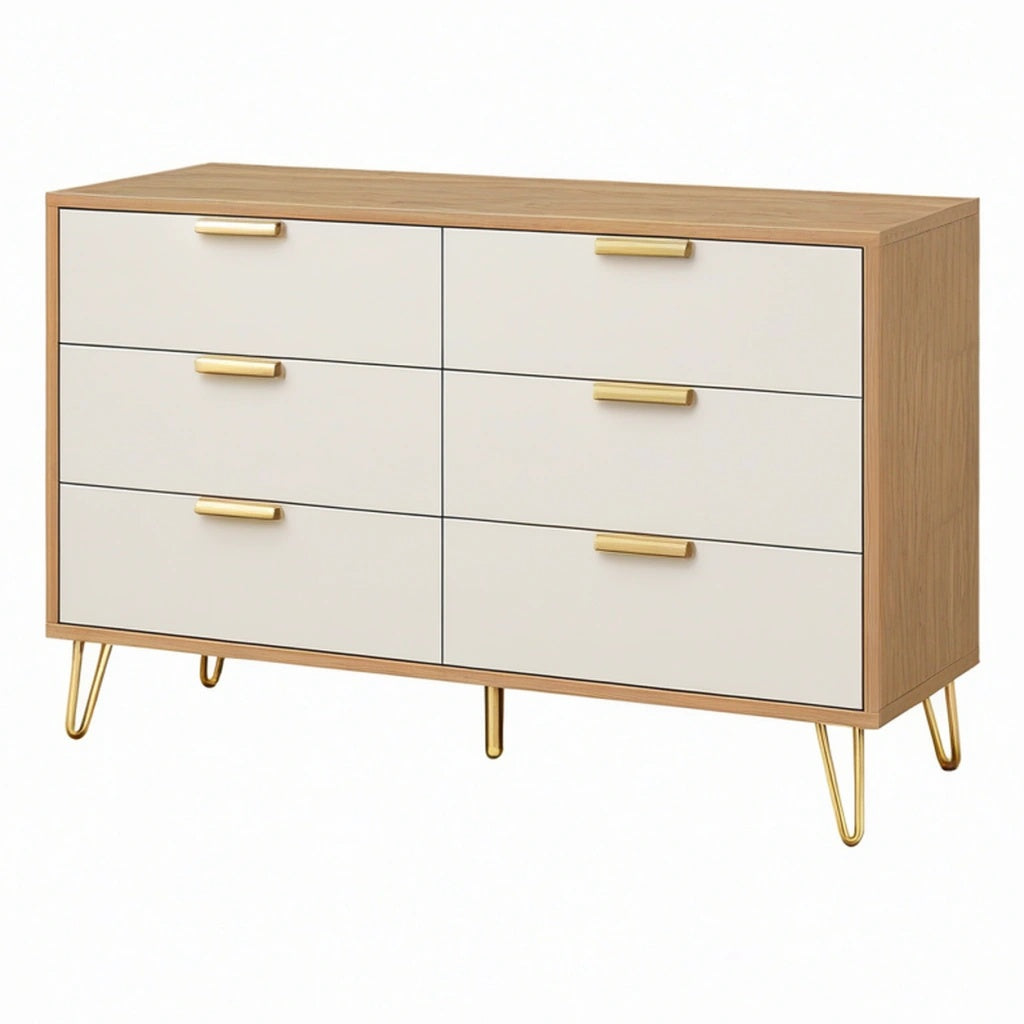 Komoda 120 x 40 x 75 cm z płyty drewnopochodnej biała i dębowa - sześć szuflad styl retro