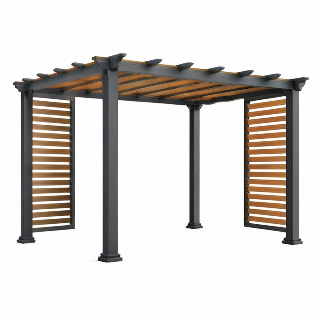 Pergola ogrodowa 300 x 300 x 230 cm z metalu i drewna czarna/brązowa - ażurowa osłona tarasu