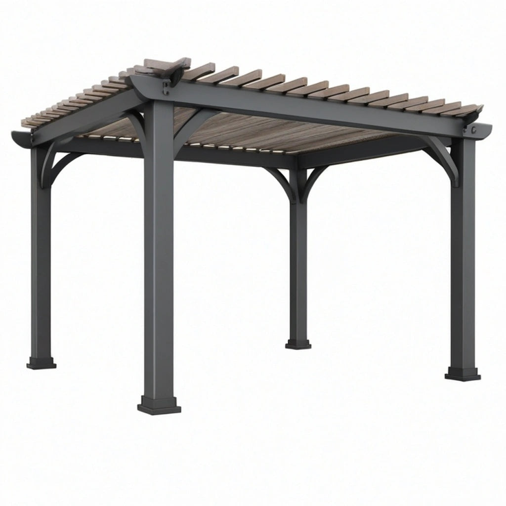 Pergola ogrodowa 300 x 300 x 230 cm metalowa grafitowa z drewnianym dachem lamelowym
