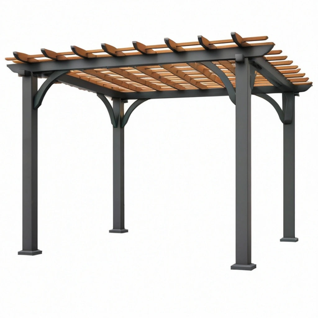 Pergola ogrodowa 300 x 300 x 230 cm stalowa czarno-brązowa z drewnianym zadaszeniem nowoczesna