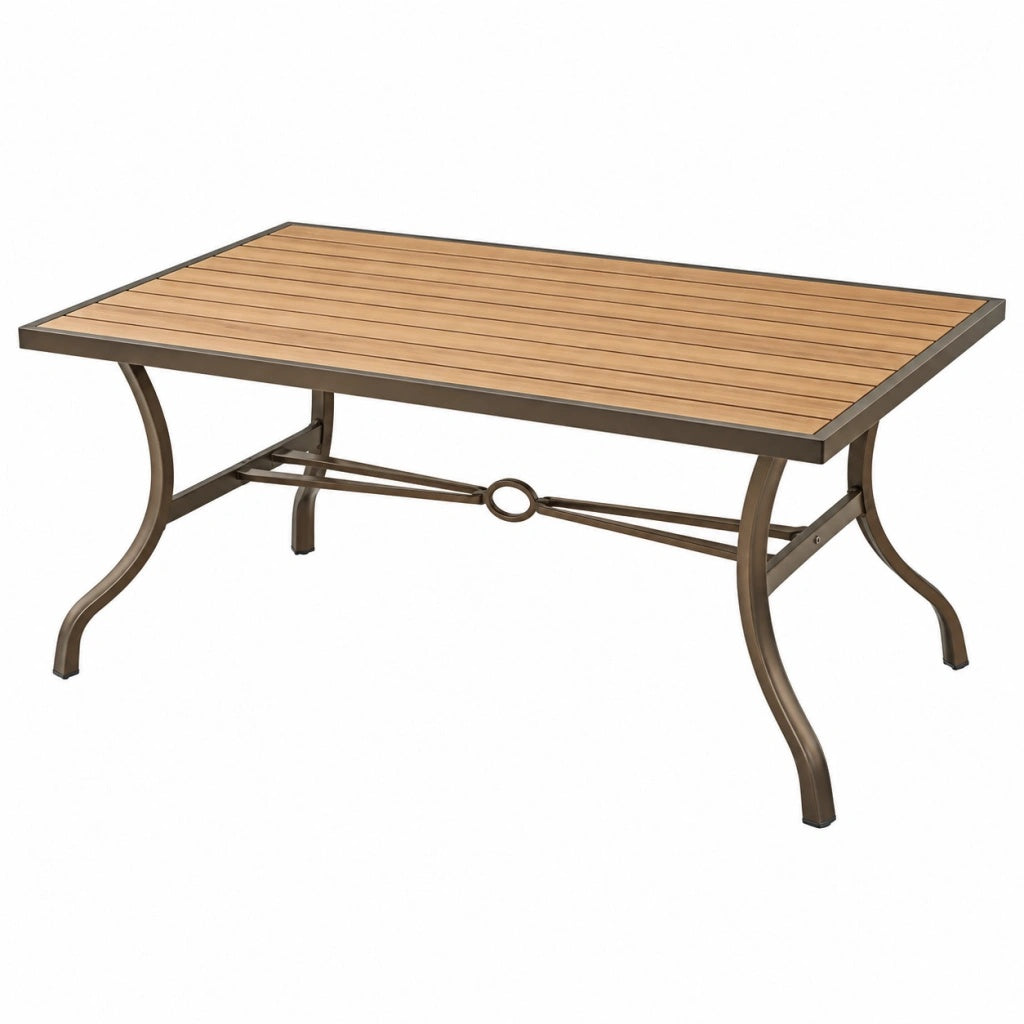 Stół ogrodowy 150 x 90 x 74 cm z metalową ramą i blatem w kolorze drewna