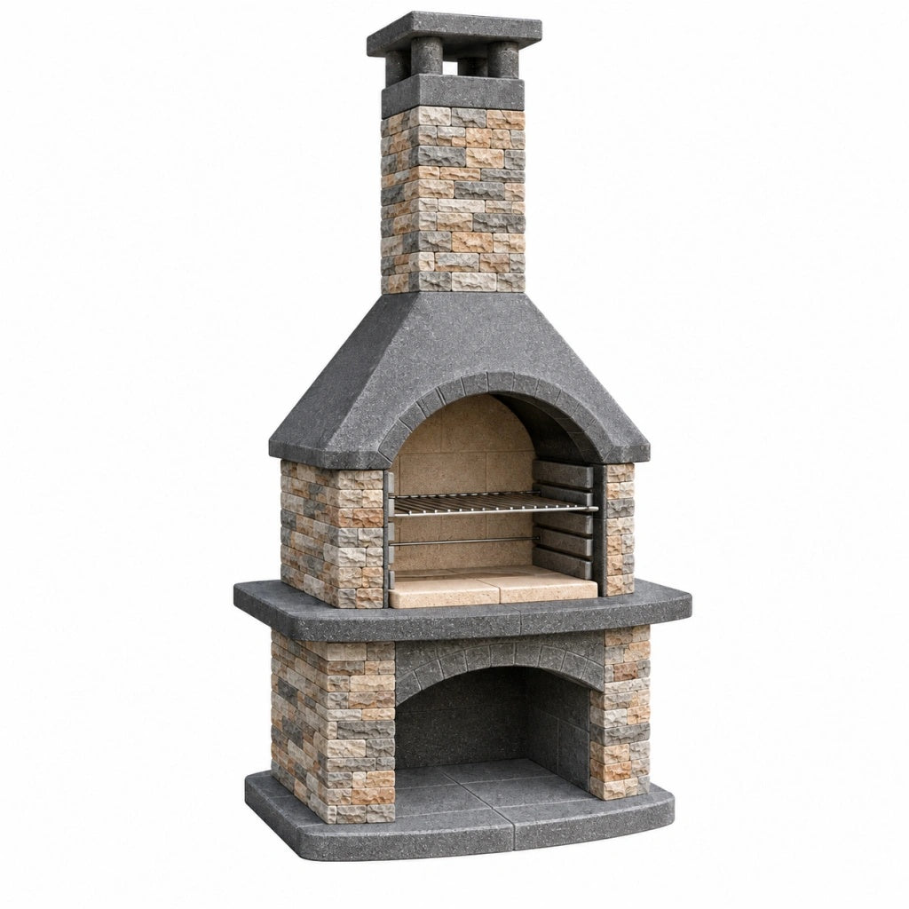 Grill ogrodowy murowany 100 x 70 x 210 cm z kamienia i betonu szary beżowy z kominem