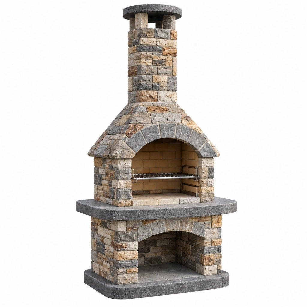 Grill ogrodowy kamienny 120 x 80 x 230 cm szaro-beżowy z paleniskiem i kominem