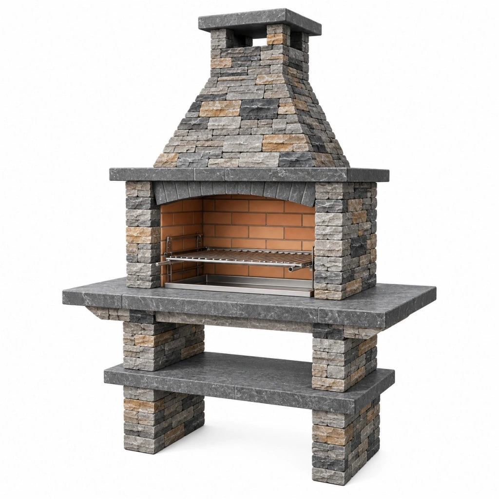 Grill ogrodowy 120 x 70 x 220 cm kamienny szary/brązowy z kominem i rusztem